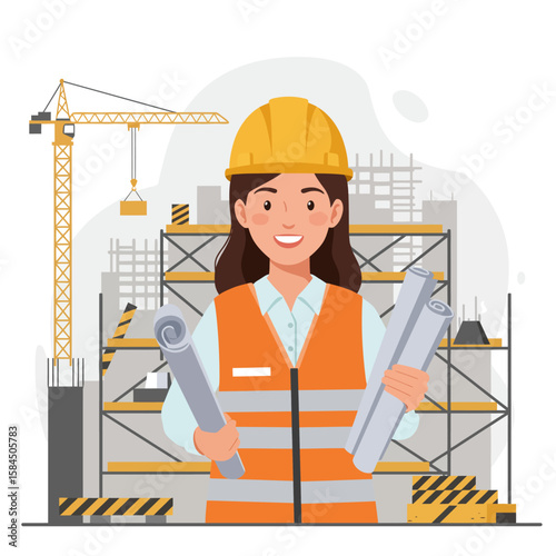 Smiling female engineer in a yellow hard hat and orange safety vest holds blueprints on a construction site with scaffolding and a crane in the background.