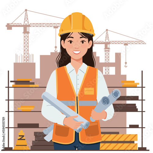 A cheerful female architect confidently holds blueprints, standing before a construction site with cranes, symbolizing expertise and success in the building industry.