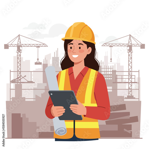 A smiling female engineer wearing a yellow hard hat and safety vest holds blueprints and a tablet at a bustling construction site.