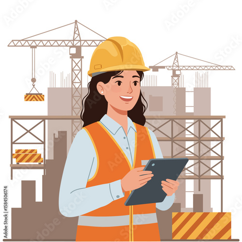 A smiling female construction engineer in a hard hat and safety vest holds a tablet, overseeing a busy building site with cranes.