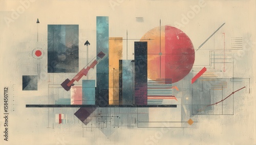Abstract geometric shapes, colored forms, and graphic elements arranged on a light beige background