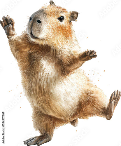 Cute capybara dancing with paws raised isolated on transparent background