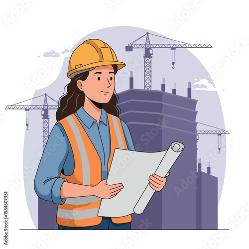 An illustration depicts a professional female architect reviewing blueprints at a dynamic urban construction site with towering cranes.