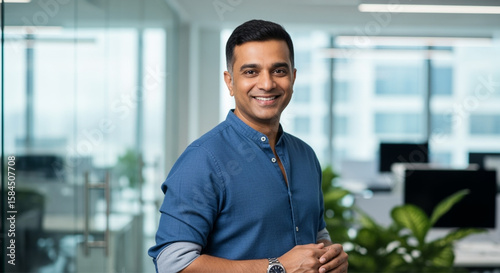 Head shot portrait of happy Indian businessman, company head or executive manager dressed in casual shirt posing for camera standing.