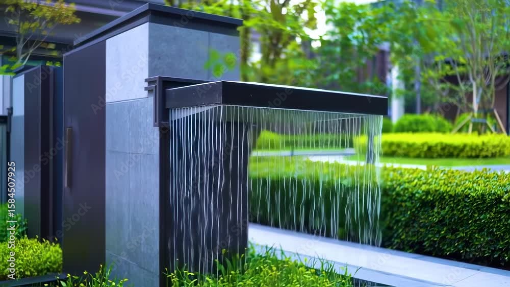 Modern water feature cascading over planter box