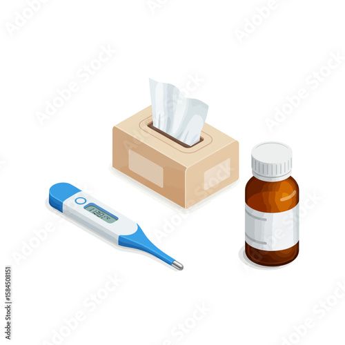 Isometric illustration of a tissue box, thermometer, and medicine bottle, likely for a health-related concept.