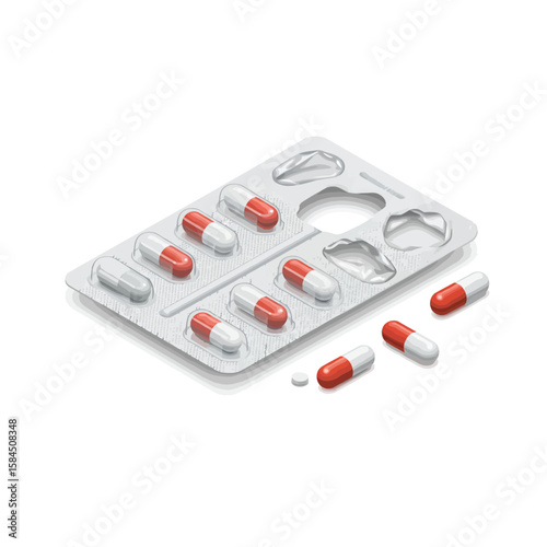 An isometric illustration of an open blister pack of pills, with some scattered capsules.