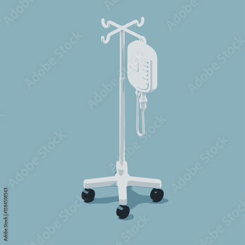 An illustration of a white IV drip stand with a fluid bag and wheels on a blue background.