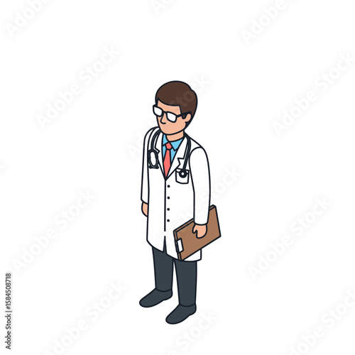 Isometric illustration of a medical doctor wearing a lab coat, holding a clipboard.