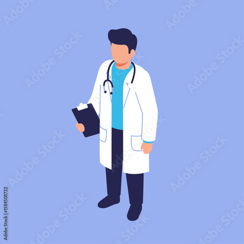 Isometric illustration of a doctor in a white coat holding a clipboard.