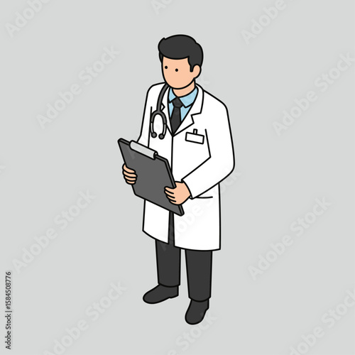 A doctor in a white coat reviews patient notes on a clipboard.