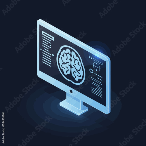 Isometric view of a computer monitor displaying a brain scan.