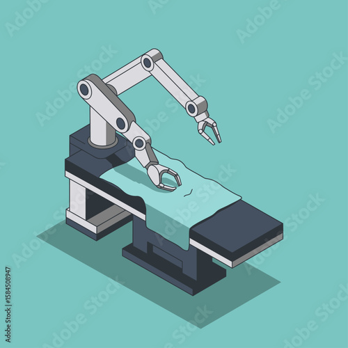 Robotic surgical arms poised over an operating table, ready for a precise procedure.