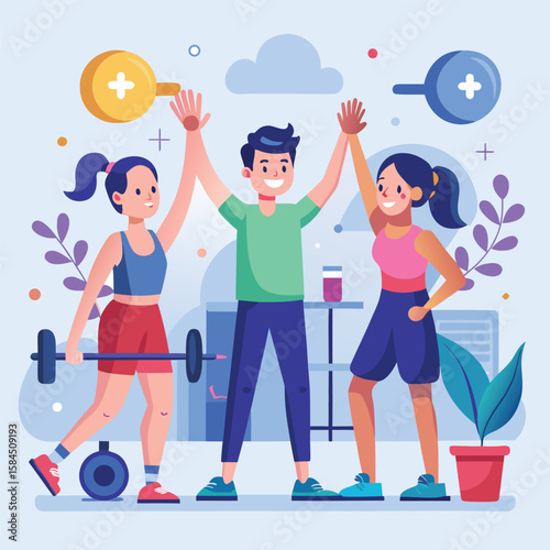 Group of enthusiastic fitness friends celebrating success after completing a workout session