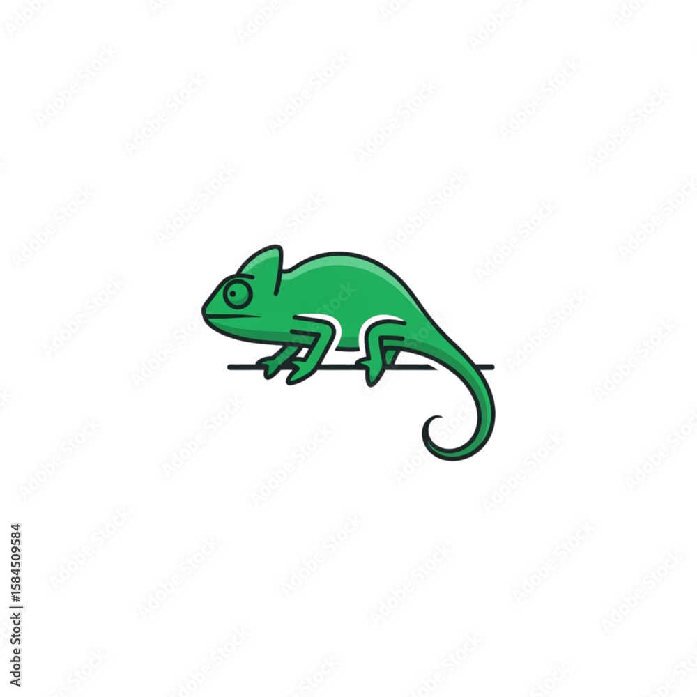 Fototapeta premium A vibrant green chameleon perched on a thin, horizontal branch, isolated.