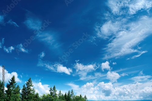 Fototapeta Naklejka Na Ścianę i Meble -  Panoramic view of a blue sky small clouds and trees