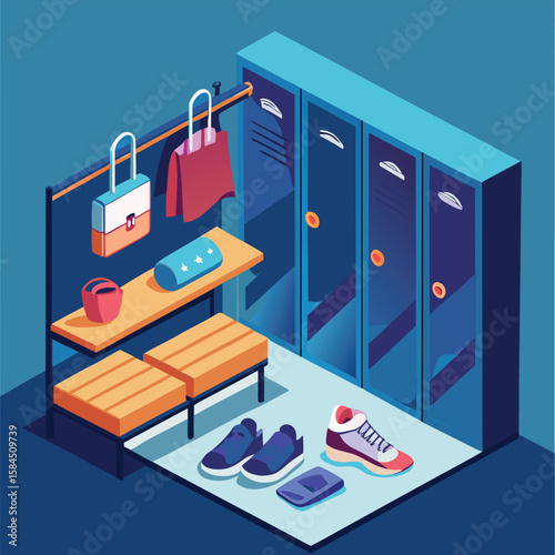 Isometric view of a gym locker room with bags shoes and lockers