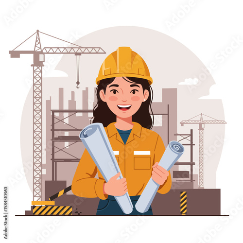A smiling female architect in a hard hat holds blueprints on a construction site with cranes and buildings.
