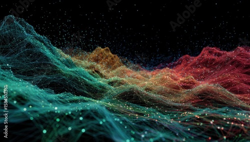 Abstract landscape of interconnected lines and glowing particles