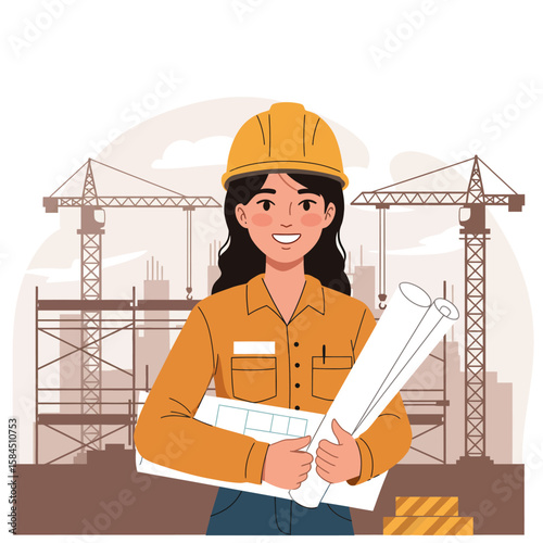 A smiling female architect wearing a yellow hard hat, holding blueprints, and standing in front of a construction site with cranes and scaffolding in a flat illustration.