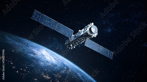 Sleek High-Tech Artificial Satellite Orbiting Earth Amid Twinkling Stars