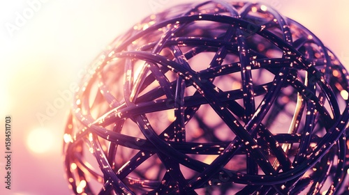Intricate interwoven lines form a spherical structure.