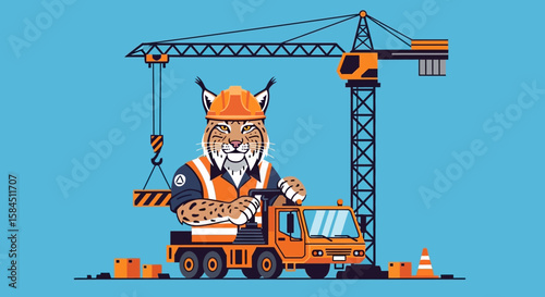 Cartoon lynx character in construction attire drives a truck near a crane, ready for work.