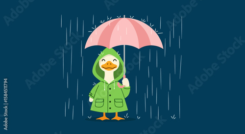 Cute cartoon duck in a raincoat and umbrella, enjoying a rainy day.