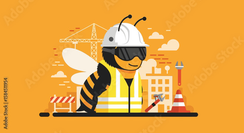 A cheerful bee construction worker in safety gear, overseeing a cityscape under construction.