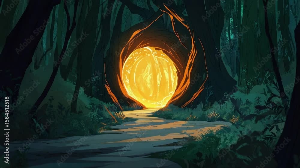 Glowing orb portal in a dark forest path