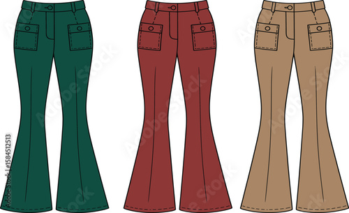 Fashionable women’s paperbag jogger pants vector illustration, flat sketch design, tied waist belt, elastic hem, casual relaxed fit trousers