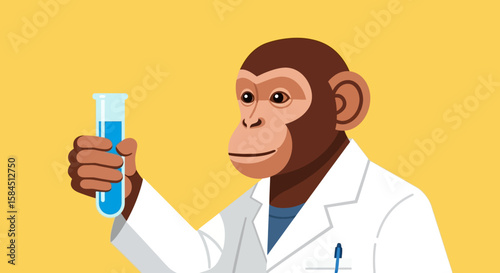 Cartoon chimpanzee wearing a lab coat holds and examines a test tube filled with blue liquid against a yellow background.