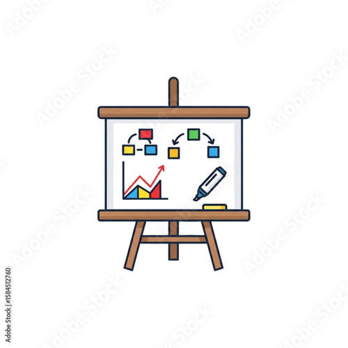 A whiteboard displaying a colorful business plan, with charts, diagrams and a marker.