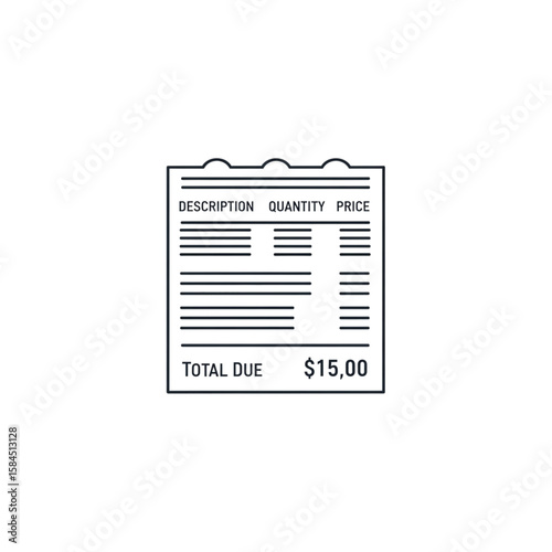 Simple line drawing of a receipt showing a total due of fifteen dollars.