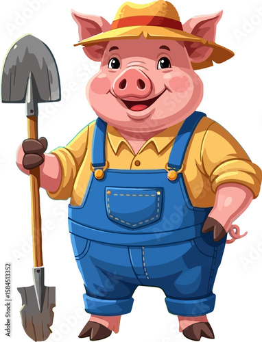 Cartoon pig farmer smiling and holding a shovel, wearing overalls and a straw hat.