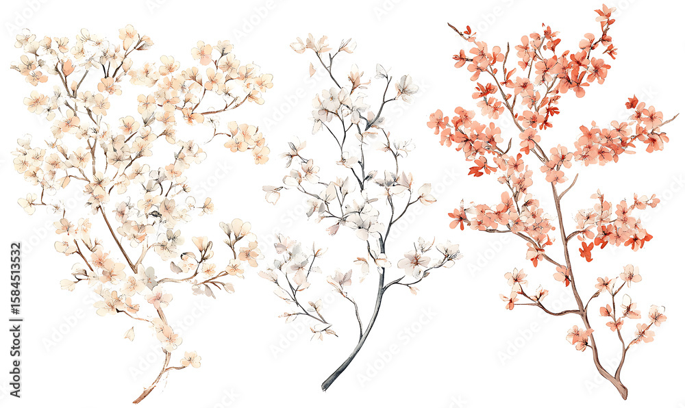 Fototapeta premium Highly detailed illustrations of various trees, leaves, grasses, and botanical elements, featuring realistic, minimalist, and abstract compositions on a white background.