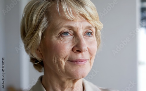 Close up portrait of a smiling mature woman with blonde hair and blue eyes