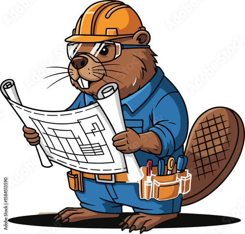 Cartoon beaver wearing a hard hat and safety glasses, holding blueprints, ready for construction.