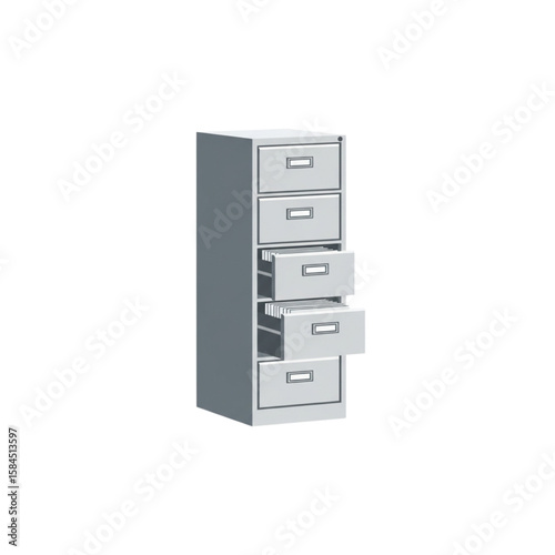 A vertical file cabinet with several drawers, one partially open.