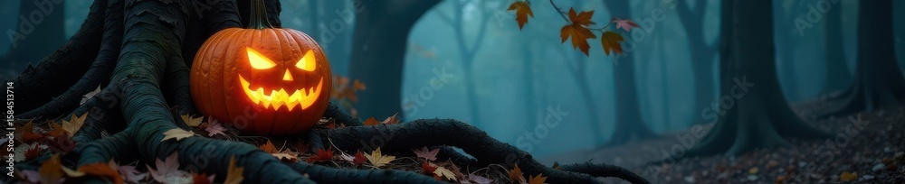 Fototapeta premium Glowing pumpkin sits amidst gnarled roots, foggy forest, mysterious, forest floor