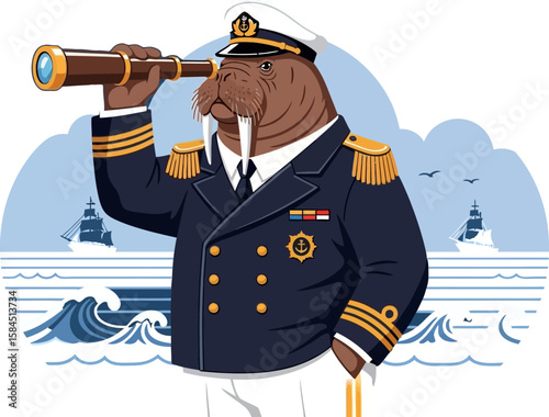 An anthropomorphic walrus captain in a navy uniform looking through a telescope at sea.