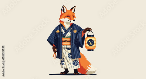 Fox character wearing a kimono and holding a lantern, standing against a light background.