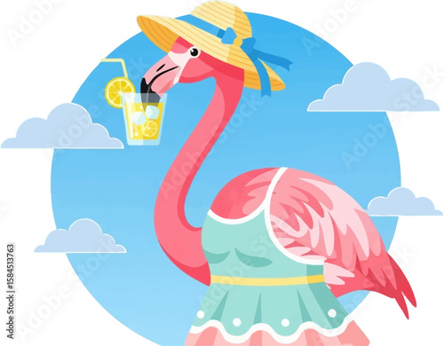 Pink flamingo in a summer dress, holding a refreshing lemonade.