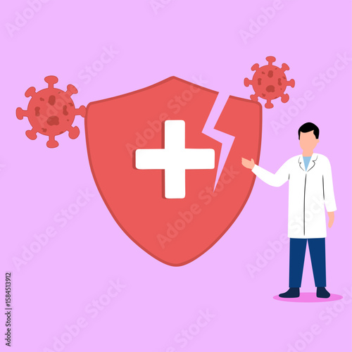 Doctor pointing at a cracked shield surrounded by viruses. Flat vector illustration symbolizing health crisis, weak immunity, or virus breakthrough
