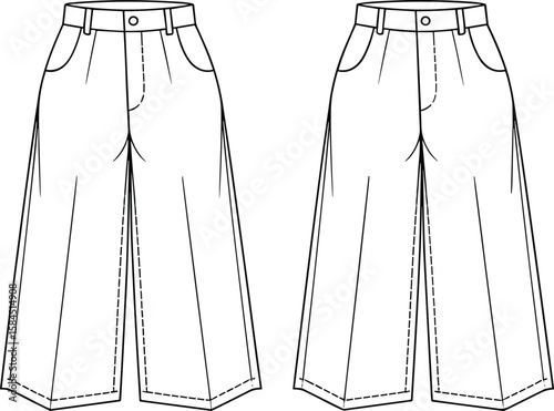 Women wide leg pants front view, fashion cad flat sketch, high waist trouser template, vector illustration technical drawing