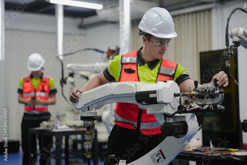 Smart Caucasian engineer working on AI technology in robotics electronics engineering laboratory. University students' research project is programming robot machine with intelligent mechanical control