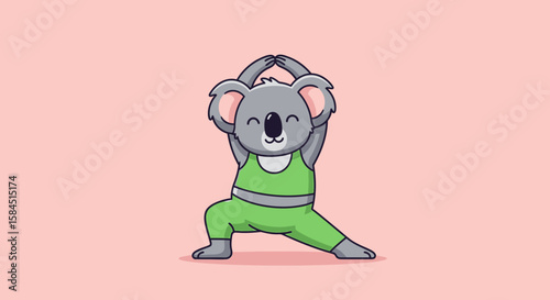 Cartoon koala wearing green yoga outfit performing warrior pose with hands together against a light pink background.