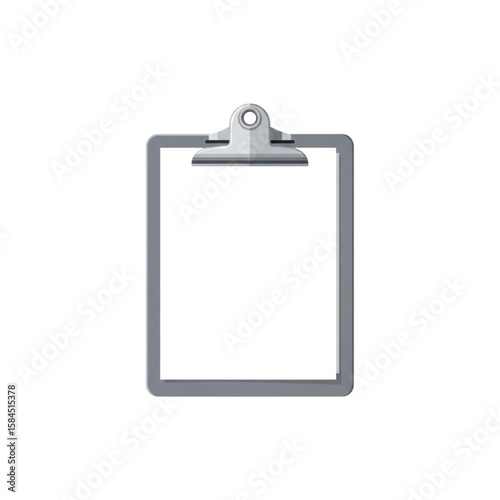 A clipboard with a metal clip and a blank white sheet of paper, isolated on a white background.
