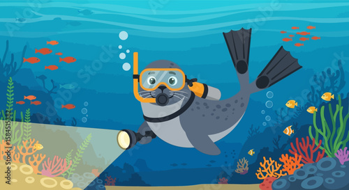Cartoon seal wearing diving gear exploring a vibrant underwater coral reef environment.