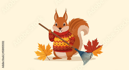 A cheerful cartoon squirrel wearing a sweater raking colorful fallen autumn leaves on a light background.